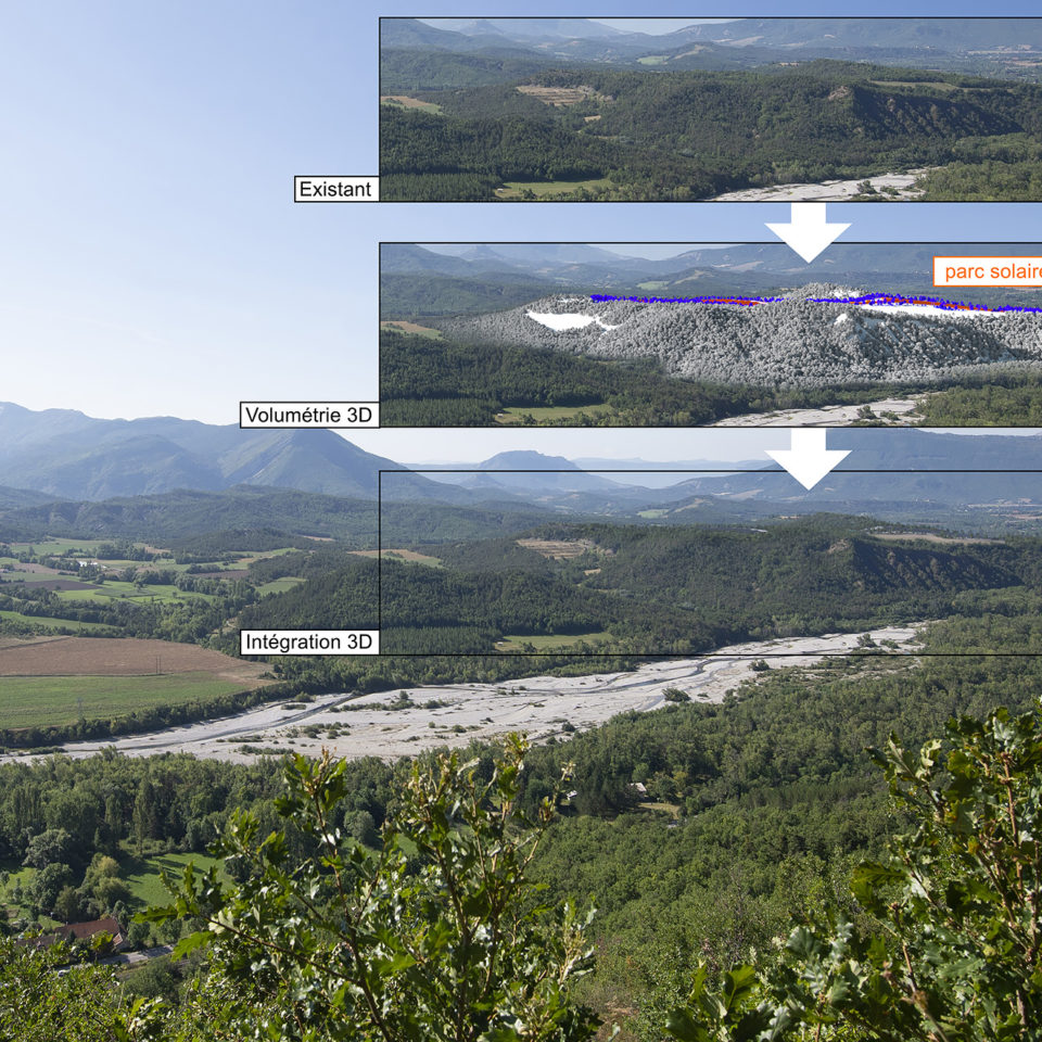 Parc solaire dans les Hautes Alpes - Insertion 3D paysagère avec mesure OLD